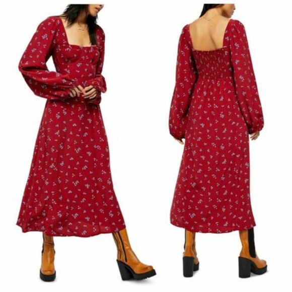 Free People Women's Iris Floral Long Sleeve Midi Dress Size XS Red - Picture 15 of 15
